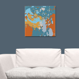 Modern Abstract Sinaasappel en Blauwe Verf Splatte Imitatie Canvas Print