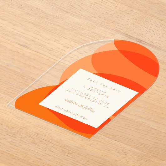 Modern Abstract Sinaasappel Unique Arch Save the D Acryl Uitnodigingen (Laagn)