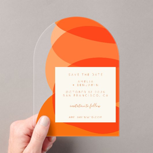 Modern Abstract Sinaasappel Unique Arch Save the D Acryl Uitnodigingen (Insitu (Draagbaar))