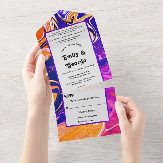 Modern Abstract Stijlvol Galaxy Wavy Chic Wedding All In One Uitnodiging (Afscheurbaar)