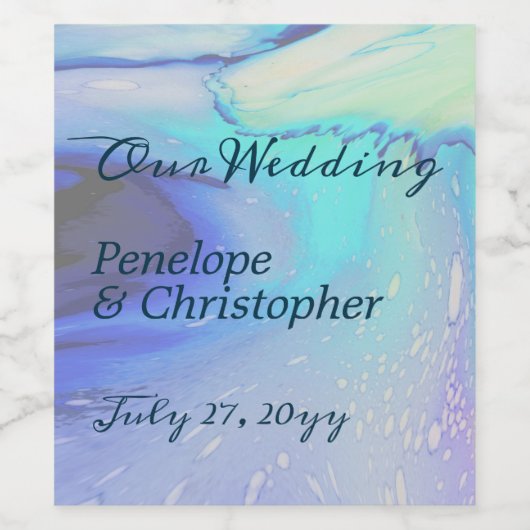 Modern Abstract Strand Bruiloft in Oceaanwaterblau Wijn Etiket (Enkel label)