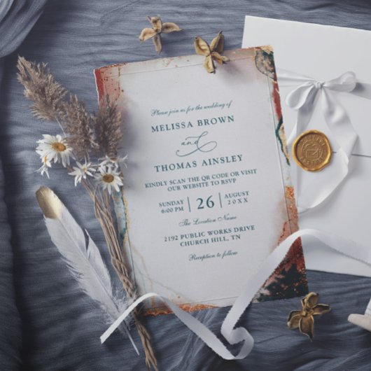 Modern Abstract Teal Foil Budget QR Code Wedding Kaart