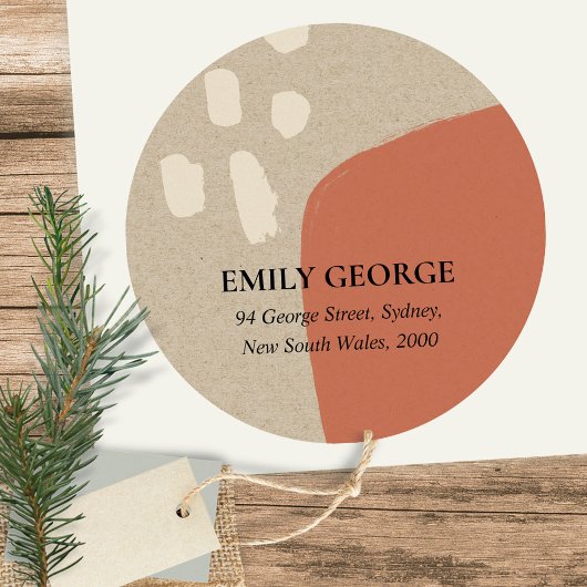 MODERN ABSTRACT TERRACOTTA RED KRAFT ADRES RONDE STICKER