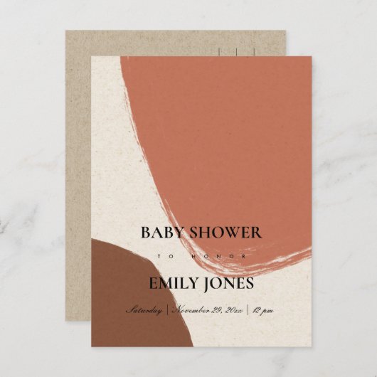 MODERN ABSTRACT TERRACOTTA RED KRAFT BABY SHOWER UITNODIGING BRIEFKAART (Voorkant / Achterkant)