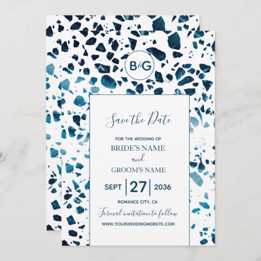 Modern Abstract Terrazzo Mosaic Blue, sla de datum Save The Date (Voorkant / Achterkant)
