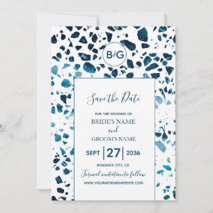Modern Abstract Terrazzo Mosaic Blue, sla de datum Save The Date