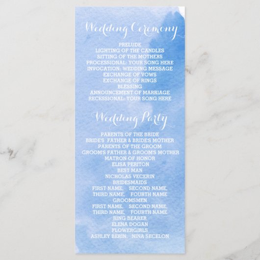 Modern abstract waterverf blauw huwelijksprogramma programmakaart (Achterkant)