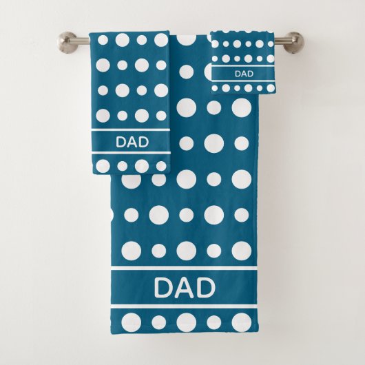 Modern Abstract White Polka Dots & Text on Blue Bad Handdoek (Insitu)