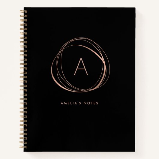 Modern Abstract zwart en faux Roos gouden monogram Notitieboek (Voorkant)