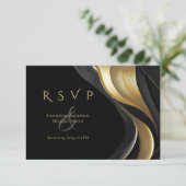 Modern Abstract zwart en goud elegante bruiloft RSVP Kaartje (Staand voorkant)