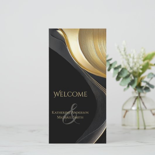 Modern Abstract zwart en goud huwelijksprogramma (Staand voorkant)