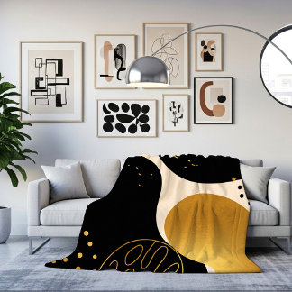 Modern Abstract Zwart en Goud Organisch Patroon Fleece Deken