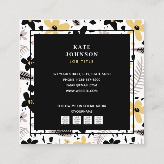 Modern Abstract Zwart Geel Grijs Bloemen QR Code Vierkante Visitekaartje (Achterkant)
