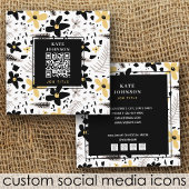 Modern Abstract Zwart Geel Grijs Bloemen QR Code Vierkante Visitekaartje