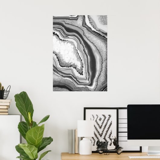Modern Abstract Zwart Wit Agaat Geode Edelsteen Poster (Thuiskantoor)