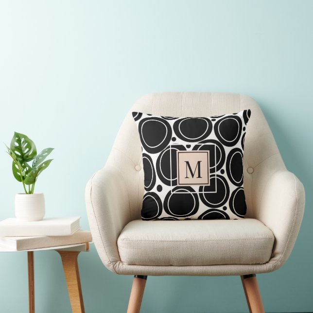 Modern Abstract Zwart Wit Blush Roze Monogram Kussen (Stoel)