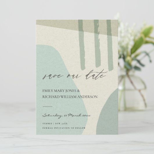 MODERN ABSTRACTE AQUA BLUE KRAFT ARTISTIC ART SAVE THE DATE (Staand voorkant)