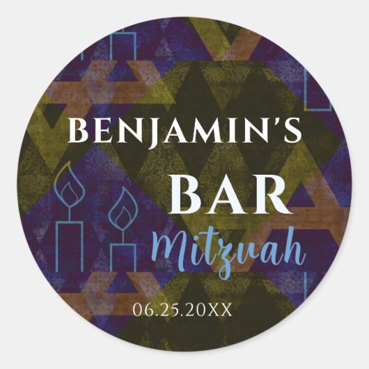 Modern Abstracte Blauwe Bar Mitzvah Bold Ronde Sticker (Voorkant)