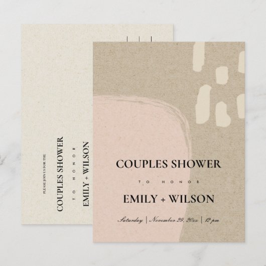 MODERN ABSTRACTE KRAFT BLUSH PEACH COUPLY SHOWER UITNODIGING BRIEFKAART (Voorkant / Achterkant)