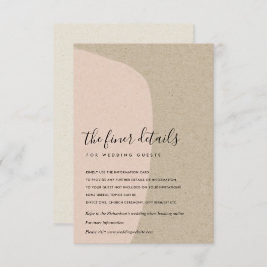 MODERN ABSTRACTE KRAFT BLUSH PEACH WEDDING DETAIL INFORMATIEKAARTJE (Voorkant / Achterkant)