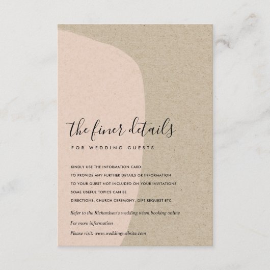 MODERN ABSTRACTE KRAFT BLUSH PEACH WEDDING DETAIL INFORMATIEKAARTJE (Voorkant)