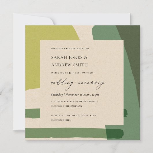 MODERN ABSTRACTE KRAFT LIME GREEN ARTISTIC WEDING KAART (Voorkant)