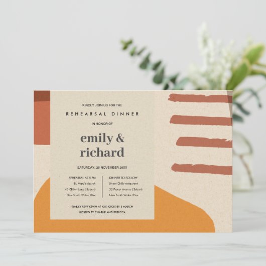 MODERN ABSTRACTE RUST YELLOW ART REHEARSAL DINNER KAART (Staand voorkant)