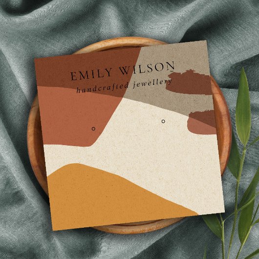 MODERN ABSTRACTE TERRACOTTA RED ART EARRING DISPLA VIERKANTE VISITEKAARTJE