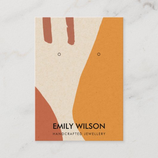 MODERN ABSTRACTE TERRACOTTA RED ART EARRING DISPLA VISITEKAARTJE (Voorkant)