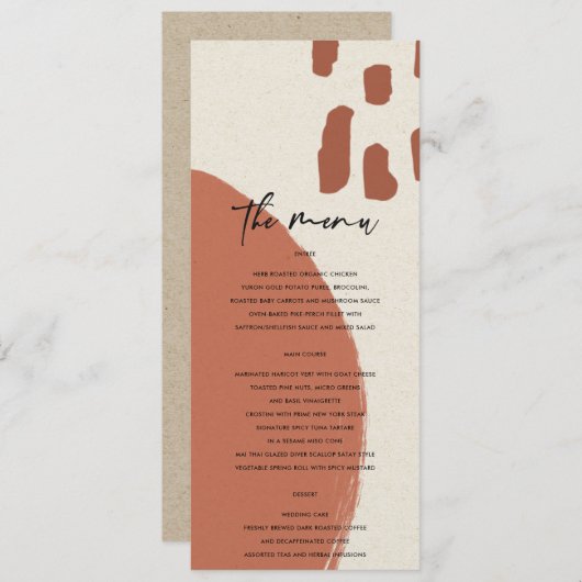 MODERN ABSTRACTE TERRACOTTA RED KRAFT WEDING MENU (Voorkant / Achterkant)