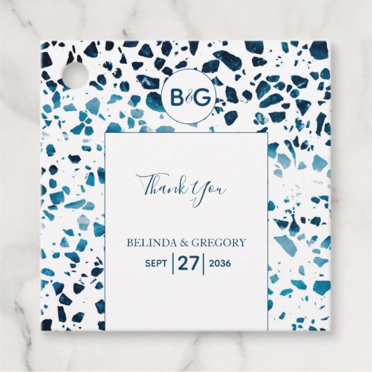 Modern Abstracte Terrazzo Mosaic Blue Wedding Gift Bedankjes Labels (Voorkant)