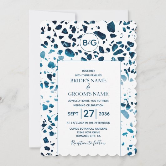 Modern Abstracte terrazzo mosaic Blue Wedding Invi Kaart (Voorkant)