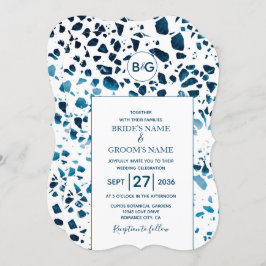 Modern Abstracte terrazzo mosaic Blue Wedding Invi Kaart
