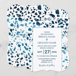 Modern Abstracte terrazzo mosaic Blue Wedding Invi Kaart