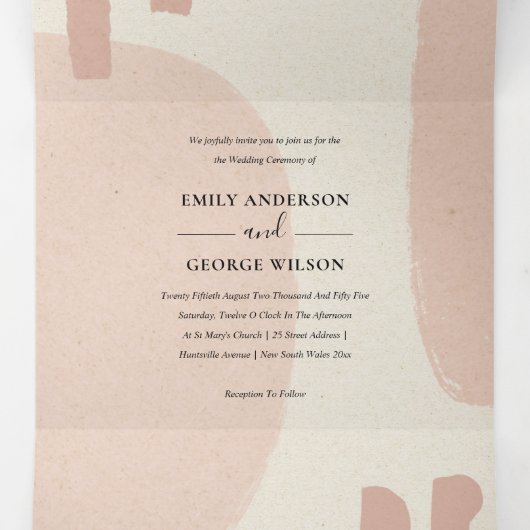 MODERN ABSTRACTE ZFT BLUSH PEACH ARTISTIC WEDING DRIELUIK UITNODIGING (Binnenkant midden)