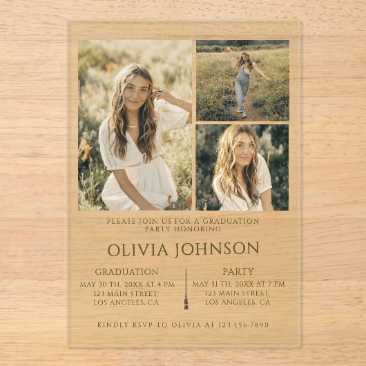 Modern Acryl 3 Foto Afstuderen Aankondiging (Voorkant)