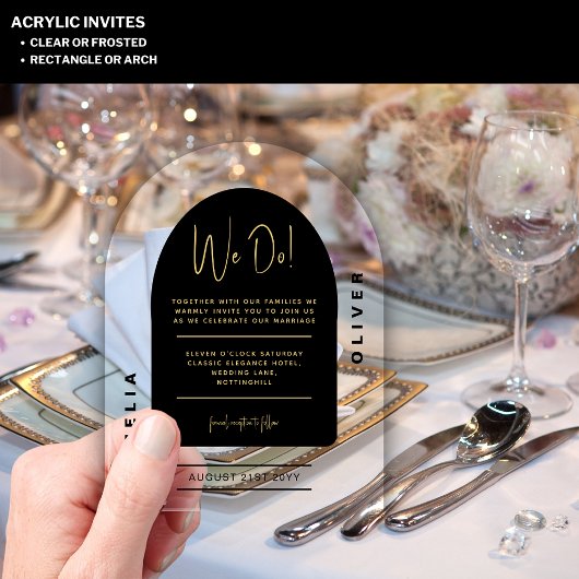 Modern Acryl Vet Zwart Goud Minimalistische bruilo Acryl Uitnodigingen