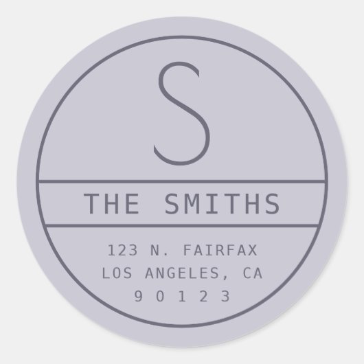 Modern adres & monogram | Wazige paarse lavendel Ronde Sticker (Voorkant)