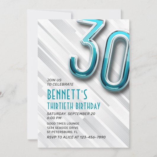 Modern Adult Blauwgroen 30ste verjaardagsuitnodigi Kaart (Voorkant)