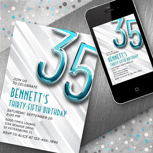 Modern Adult Blauwgroen 35e Verjaardagsuitnodiging Kaart