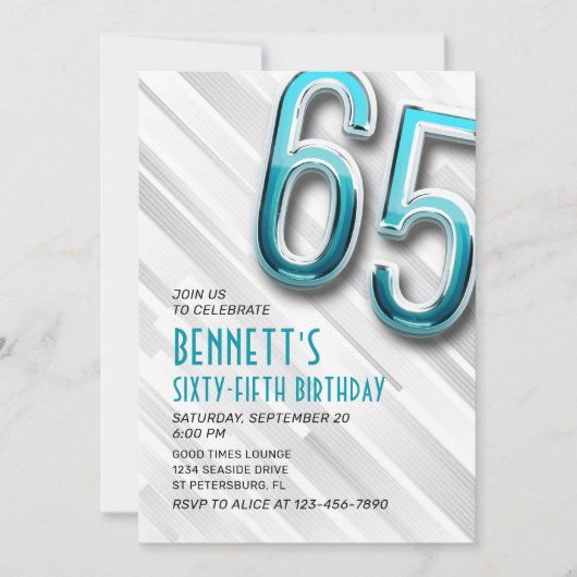 Modern Adult Blauwgroen 65e Verjaardagsuitnodiging Kaart (Voorkant)