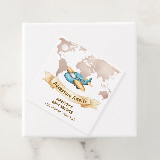 Modern Adventure World Map Airplane Baby Shower  Bedankjes Labels (In situ)
