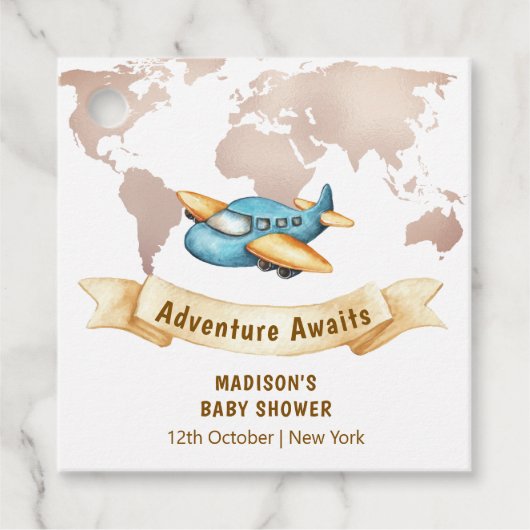 Modern Adventure World Map Airplane Baby Shower  Bedankjes Labels (Voorkant)