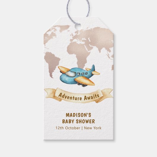Modern Adventure World Map Airplane Baby Shower  Cadeaulabel (Voorkant)
