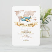Modern Adventure World Map Airplane Baby Shower Kaart (Staand voorkant)