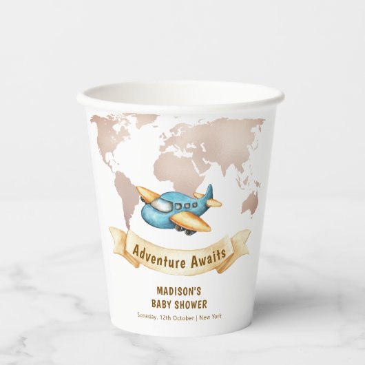 Modern Adventure World Map Airplane Baby Shower  Papieren Bekers (Voorkant)