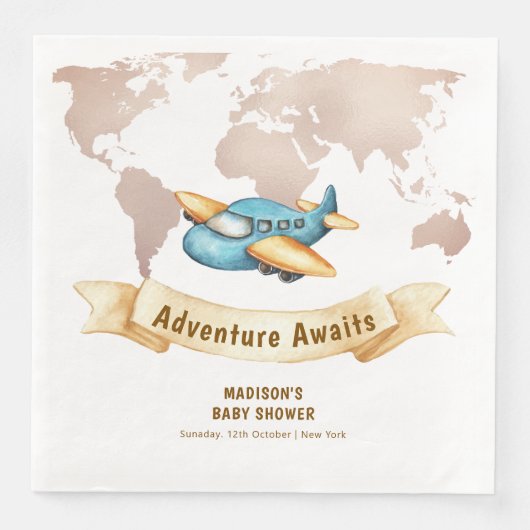 Modern Adventure World Map Airplane Baby Shower  Servet (Voorkant)