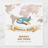 Modern Adventure World Map Airplane Baby Shower  Wijn Etiket (Enkel label)