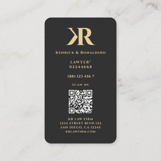 Modern Advocaat Recht Monogram K R Zwart Goud Visitekaartje (Achterkant)
