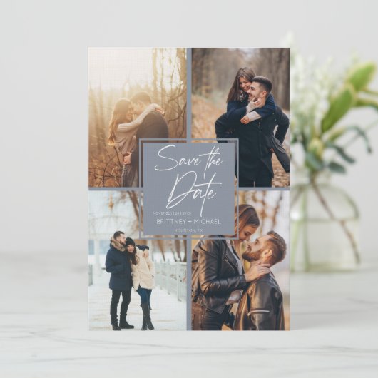 Modern Afbeelding Collage Dusty Blue Save The Date (Staand voorkant)